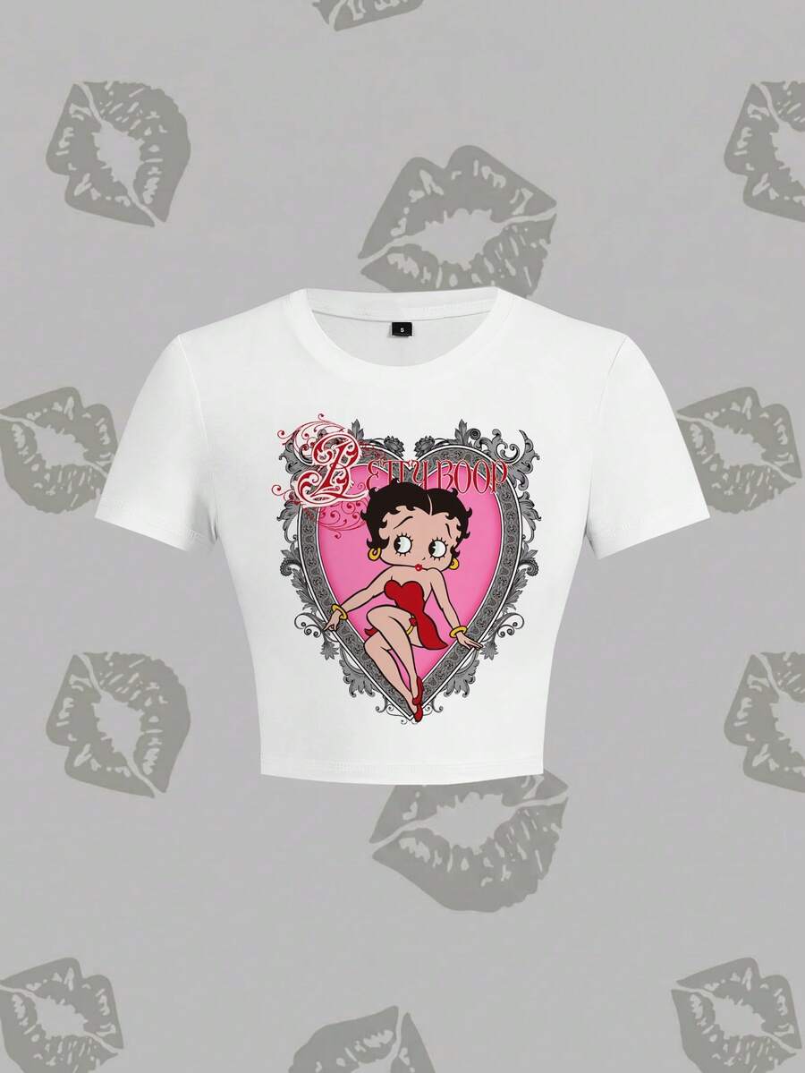 Betty Boop x SHEIN Áo thun nữ dáng ngắn ôm sát, in hình hoạt hình, thích hợp mặc mùa hè. - trắng - Xem 1