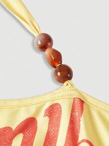 SHEIN MOD Top halter vintage naranja con letras para mujer talla grande, decoración de cuentas, diseño asimétrico, amarillo, verano, vacaciones, Y2K, gótico, hada, country - Amarillo - Ver 5