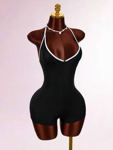 Amplova Spaghetti Strap Triangle Cup Textured Bohemian Style Backless Criss-Cross Strap Bodycon Romper - Black - View 5