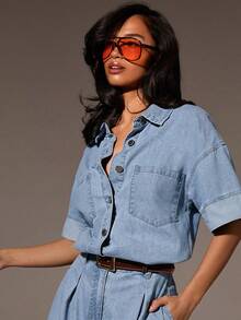 Athîral Denim 女款淺藍色牛仔連身褲 夏季休閒街頭風 2000年代復古露肩短袖寬褲 日常度假商務旅行穿搭 - 淺色水洗藍 - 查看 5