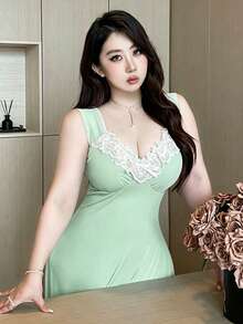 Vibekara Đầm cỡ lớn cổ kim cương, tay áo xếp ly tương phản. - Màu xanh Bạc hà - Xem 4