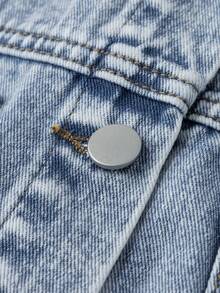 SHEIN Teen Girls' Casual Denim Jacket,Soft Cotton Loose Fit Blue Streetwear,Back-To-School Summer Holiday Fashion,Classic Light Washed Front Pockets Design - Medium Wash - View 3