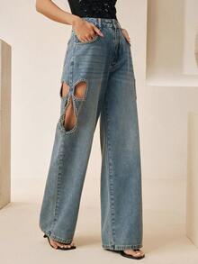 Anewsta Celana Jeans Biru Model Lurus dengan Hiasan Pita dan Motif Berlian Berongga untuk Wanita di Musim Panas - Biru - View 2