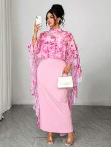 Elenzga Ensemble 2 pièces élégant : Top cape à volants avec imprimé floral en mousseline de soie + Robe nuisette en tricot, grande taille - Rose bonbon - Voir 1