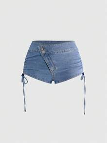 ROMWE Y2K Hot Girl Elastic Peach Butt Side Drawstring Sexy Low Waist Women's Denim Shorts Club Light Blue Summer - Medium Wash - View 1