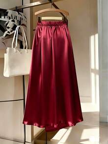 GlowEve CURVE Rok Wanita Ukuran Besar Warna Polos Lipit dengan Hem Asimetris untuk Musim Gugur - Burgundy - View 2
