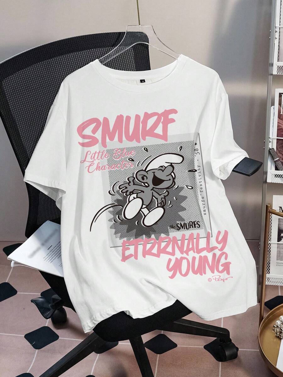 SHEIN X The Smurfs Plus Size Women's Casual Printed Short Sleeve T-Shirt, All-Over Print - White - View 1
