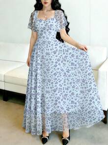 Modelyn 女款淺藍色花卉優雅夏季長洋裝，方領荷葉袖收腰設計，時尚剪裁印花茶會度假穿搭 - 彩色 - 查看 4