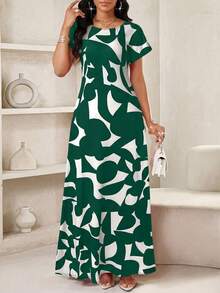 SHEIN Lady فستان طباعة كامل أنيق لكبار الحجم - أخضر داكن - مشاهدة 3
