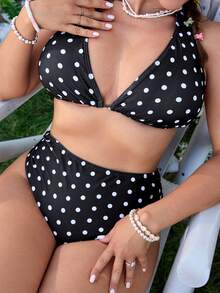 Swim Mod Plus Size Women's 2-Piece Coffee Polka Dot Print Bikini Set, Two Pieces Swimwear, Casual Vacation Style - Black and White - View 5