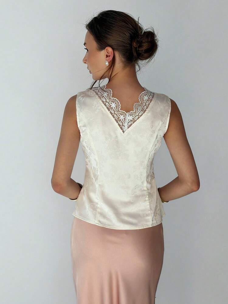 Contrast Lace V-Neck Sleeveless Fitted Tank Top, Elegant & Sexy Summer Vest For Women