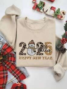 INAWLY 2025 Happy New Year Sweatshirt, Snowman & Leopard Print, Letter Graphic, Crew Neck Long Sleeve Pullover Sweatshirt For Girls, New Year Gift Fall - Apricot - View 1