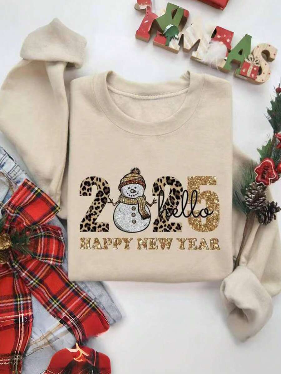 INAWLY 2025 Happy New Year Sweatshirt, Snowman & Leopard Print, Letter Graphic, Crew Neck Long Sleeve Pullover Sweatshirt For Girls, New Year Gift Fall - Apricot - View 1