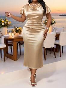 Fleurora Plus Size Women Champagne Gold Ruffle Hem A-Line Satin Dress,Elegant Wedding Summer Holiday Ladies Dresses,Luxurious Dinner Party Occasion Outfits - Champagne - View 6