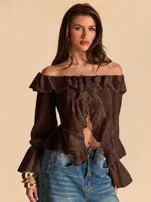 SHEIN BAE All Shades Of Brown 秋季時尚性感優雅約會之夜外出度假女款荷葉邊飾不對稱綁帶袖口下擺長袖襯衫 - 咖啡棕 - 查看 3