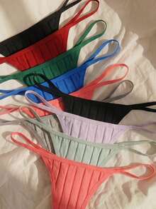 Lullawish 10pcs Women's Minimalist Solid Color Ribbed Knit G-String Panties - Multicolor - View 5