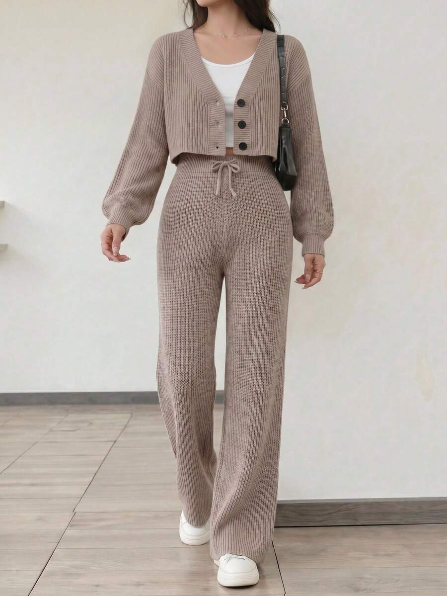 SHEIN Teen Girls Khaki V-Neck Button-Front Cardigan And Knitted Pants Casual Matching Sweater Set, Versatile,In Fall/Winter - Khaki - View 1