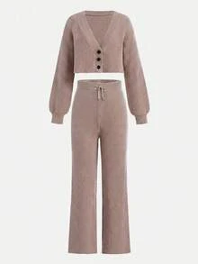 SHEIN Teen Girls Khaki V-Neck Button-Front Cardigan And Knitted Pants Casual Matching Sweater Set, Versatile,In Fall/Winter - Khaki - View 6