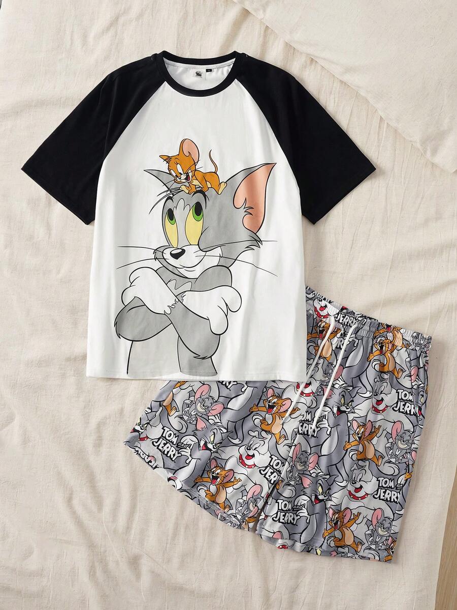 TOM & JERRY X SHEIN Men's Summer Casual Cartoon Pattern Contrast Color Raglan T-Shirt And Shorts Pajama Set - White - View 1
