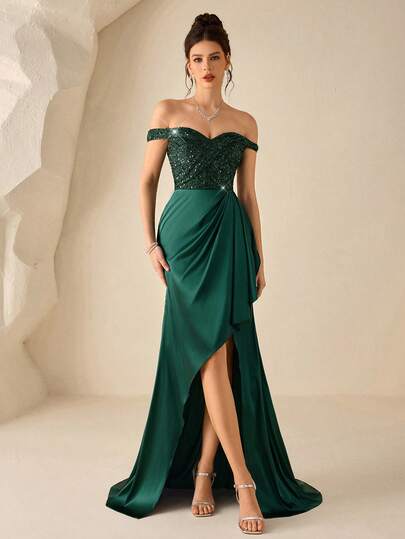 Coutiva Women's Beaded Satin Formal Evening Gown (Heavily Embellished)