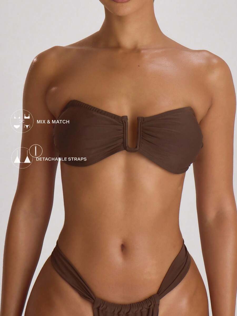 Musera Resort Áo bikini gọng nâng ngực, cổ yếm, dây đeo điều chỉnh được, thích hợp cho kỳ nghỉ hè, du lịch, đồ bơi cơ bản, màu trơn, đồ bơi nghỉ dưỡng. - Màu nâu Sô-cô-la - Xem 1