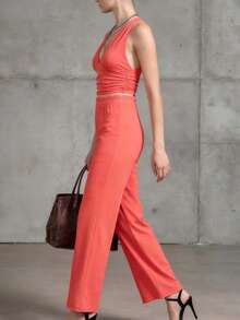INAWLY Conjunto de 2 piezas de camiseta sin espalda y pantalones largos sólidos de uso diario para mujeres - Rosa Fucsia - Ver 4