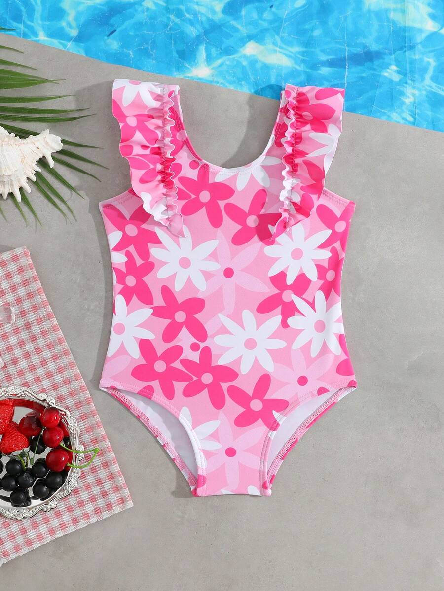 SHEIN Baby Girls' Strawberry Print One-Piece Swimsuit With Mesh Ruffle Skirt, Cute And Suitable For Vacation