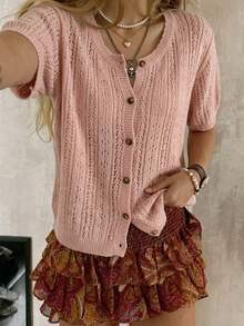 Plus Size Women's Vintage Cottagecore Style | Dusty Pink Pointelle Knit Short Sleeve Cardigan - Sweet Button Down Lightweight Sweater Top - Coral Pink - View 8