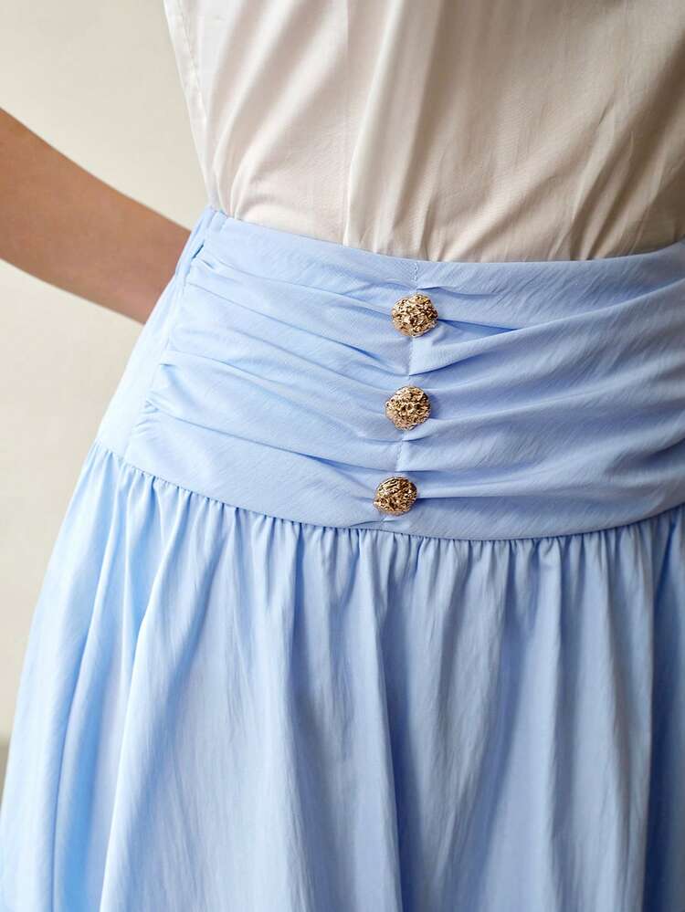 WOMEN'S CASUAL PLEATED METAL CONTRAST BUCKLE DECOR SKIRT
