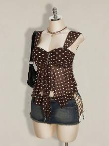 SHEIN ICON Áo tank top nữ in họa tiết chấm bi cổ điển, vạt áo bất đối xứng, viền lưới. - Nhiều màu - Xem 4