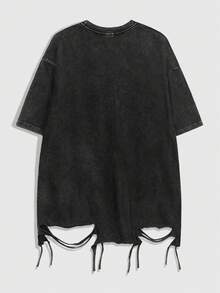 ROMWE MEN Goth Men's Fashionable Versatile Graphic Letter Print Round Neck Tassel Short Sleeve T-Shirt - Black - View 2