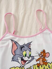 TOM & JERRY X SHEIN 女士夏季趣味卡通字母印花滚边吊带背心和短裤睡衣套装 - 彩色 - 查看 3