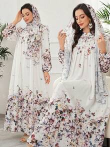 Al Najma Ruched Floral Patterned Elegant Dress With Headscarf - Multicolor - View 3
