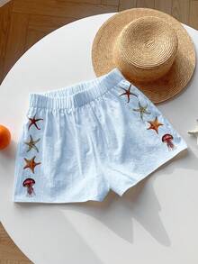 Comfortcana 2026 Primavera/Verano Pantalones cortos de mujer 100% algodón azul con estampado de estrellas de mar, adecuados para invierno, Pascua, fiesta, playa, boda, graduación, elegante, casual, vacaciones, deportes, formal, estilo Y2K, negocios, decorados con lentejuelas, flecos, volantes, flores, estampados y estrellas de mar - Azul - Ver 7