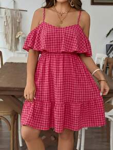 Comfylo Đầm hè cỡ lớn kẻ caro dây mảnh trễ vai chất liệu vải họa tiết - Màu Hồng Tươi - Xem 7