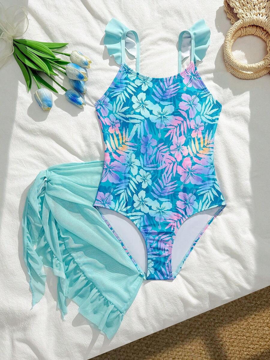 SHEIN Bộ đồ bơi liền thân dễ thương cho bé gái tuổi teen, gồm hai dây mảnh và chân váy xếp ly, thích hợp cho bơi lội, kỳ nghỉ và đi biển mùa hè.