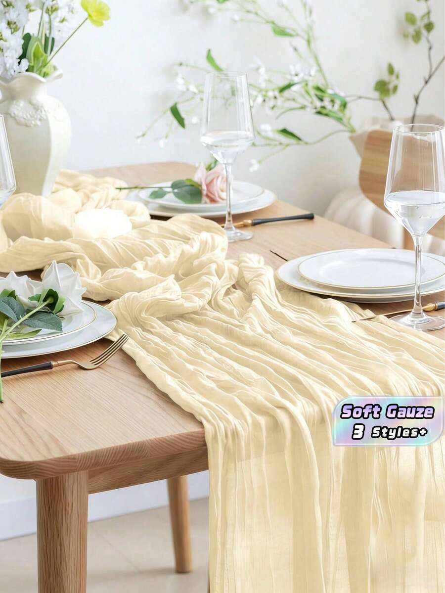 1PC Lightweight Bohemian Gauze Fabric Rectangular Tablecloth For Weddings, Bridal Events, Birthday Parties, Celebrations, And Gatherings Table Decoration - New Beige - View 1