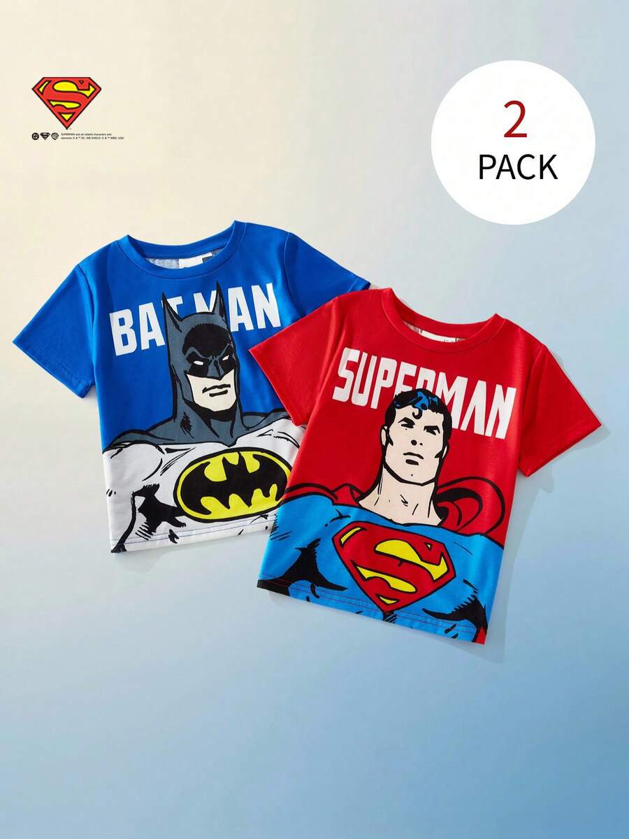 Maija Kids SUPERMAN X SHEIN Maija Kids Bộ 2 áo thun ngắn tay cổ tròn chất liệu mềm mại họa tiết siêu anh hùng dành cho bé trai. - Nhiều màu - Xem 1