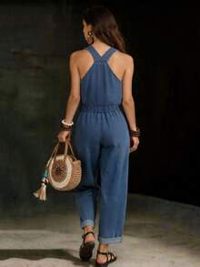 Bộ jumpsuit denim nữ kiểu dáng thường ngày, có dây rút ở eo, thích hợp cho kỳ nghỉ và đi làm. - Rửa tối - Xem 2