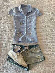 Glimmora Blusa casual de mujer con botones y mangas cortas a cuadros, para verano - Azul - Ver 1