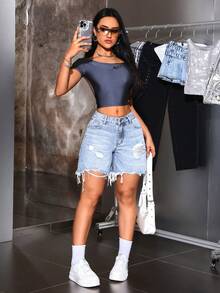 SHEIN ICON 大码女式破洞毛边牛仔短裤 - 藍色 - 查看 7