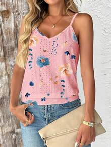SHEIN Holidaya Camiseta de mujer con estampado floral, textura y diseño calado - Rosa - Ver 5
