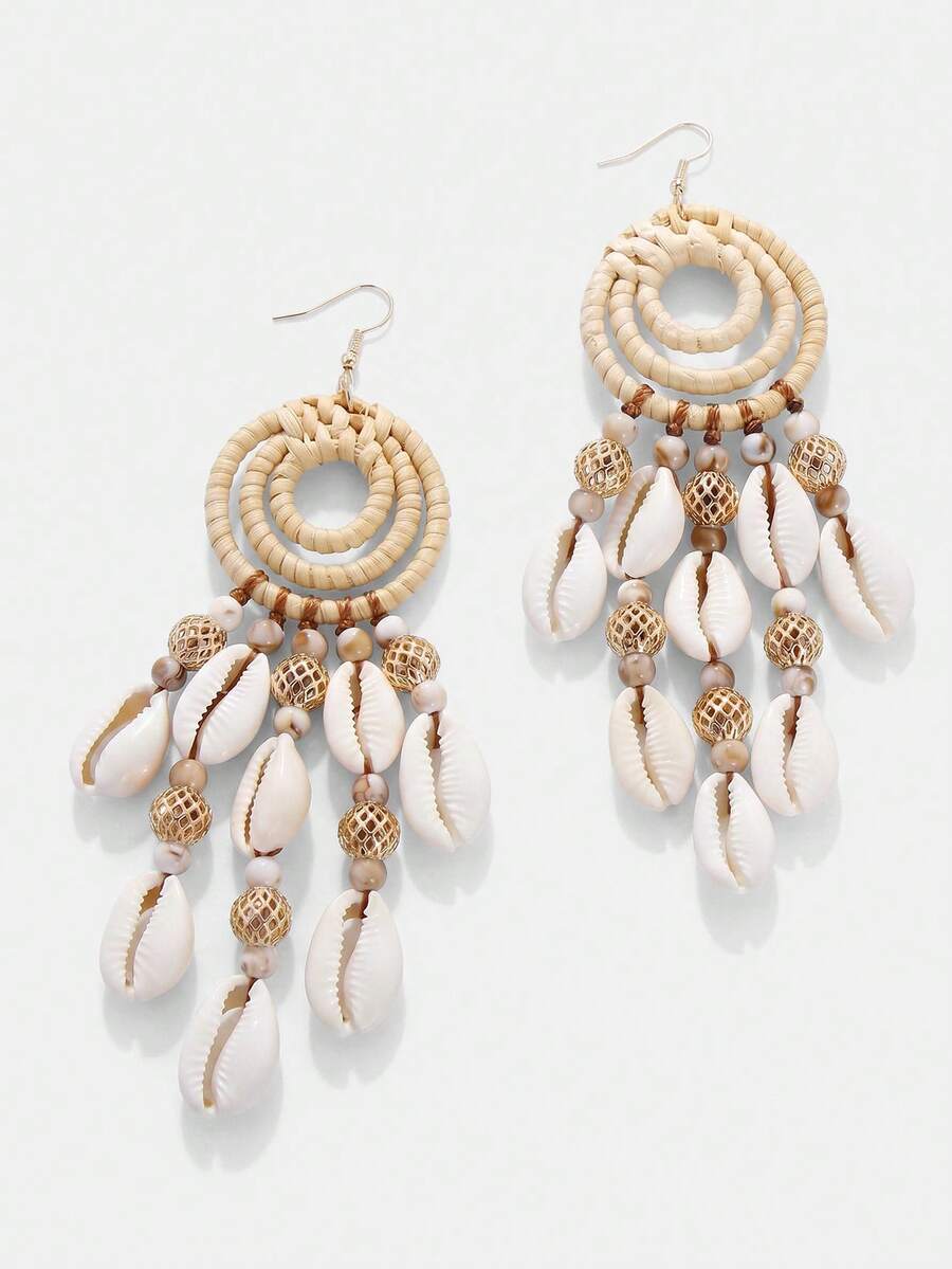 Lumivelle Bohemian Vacation Hollow Bead Rattan Dangle Earrings - Beige - View 1