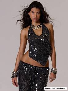 Musera Resort Sequin Halterneck Backless Cover Up Top Only Spring Summer Resort Vacation Beach Golf Elegant Sexy Ibiza Festival Holiday White Water - Black - View 2