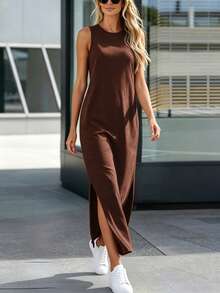 Silhoulove Gaun Tanpa Lengan Warna Polos Kasual Musim Panas dengan Belahan Samping - Coffee Brown - View 2