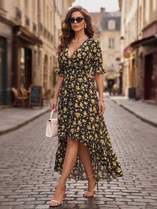 SHEIN Clasi CURVE Plus Size Women V-Neck Floral Print Irregular Hemline Mid-Length Sleeve Dress,Black Summer Boho Tea Party Vacation Casual Sundress Easter Outfit - Multicolor - View 4