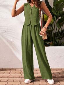 SHEIN Frenchy 女士纹理简约纽扣吊带背心和休闲裤两件套，度假风 - 軍綠色 - 查看 5