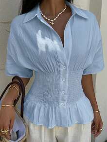 SHEIN EZwear Áo sơ mi nữ màu xanh nhạt có bèo nhún cài cúc và gấu áo. - Màu xanh nhạt - Xem 2