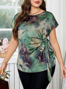 Reflora 大码女士优雅印花侧系带蝙蝠袖衬衫，夏季，嘉年华女士，时尚女士服装，外出，优雅衬衫 - 彩色 - 查看 5