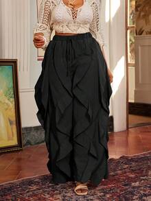 Maweii Plus Size Casual American Style Flattering Ruffle Hem Pants Fall - Black - View 5
